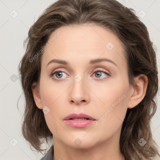 Neutral white young-adult female with medium  brown hair and grey eyes