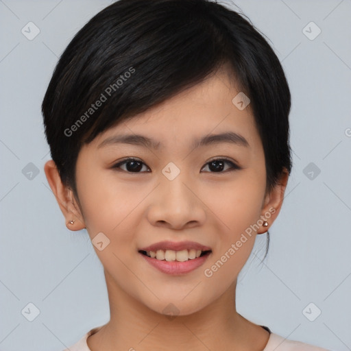 Joyful asian young-adult female with medium  black hair and brown eyes