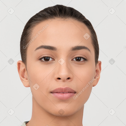 Neutral white young-adult female with short  brown hair and brown eyes