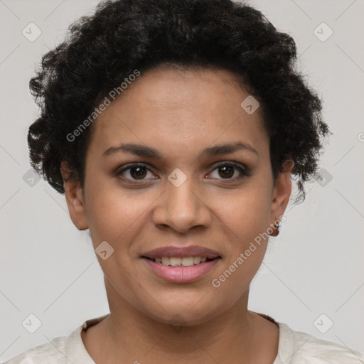 Joyful latino young-adult female with short  brown hair and brown eyes