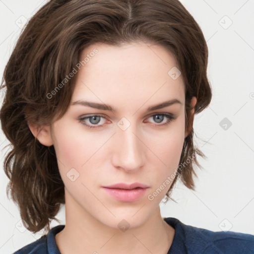 Neutral white young-adult female with medium  brown hair and grey eyes