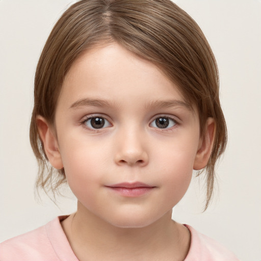 Neutral white child female with medium  brown hair and grey eyes