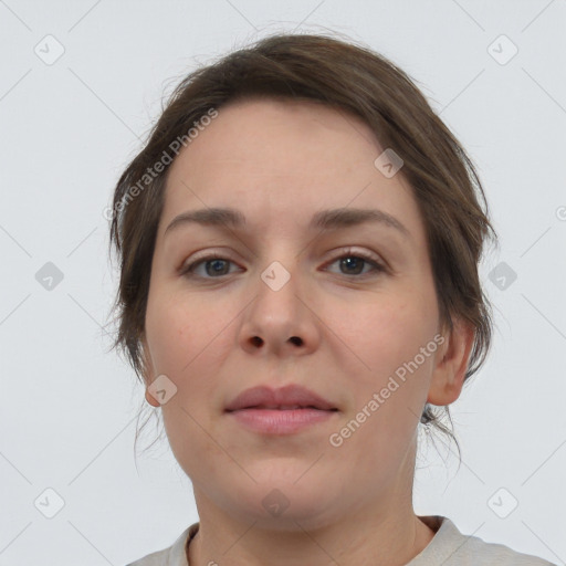 Neutral white young-adult female with short  brown hair and brown eyes