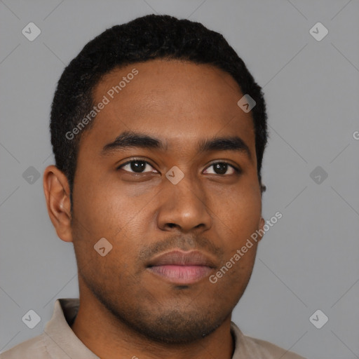 Neutral black young-adult male with short  black hair and brown eyes