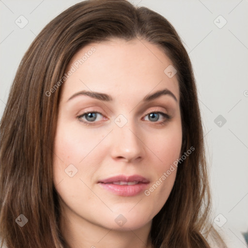 Neutral white young-adult female with long  brown hair and grey eyes