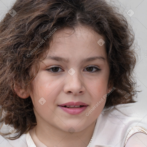 Joyful white child female with medium  brown hair and brown eyes