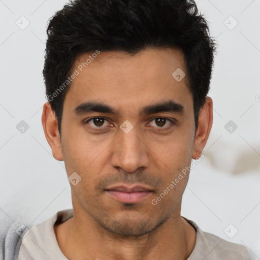 Neutral latino young-adult male with short  black hair and brown eyes