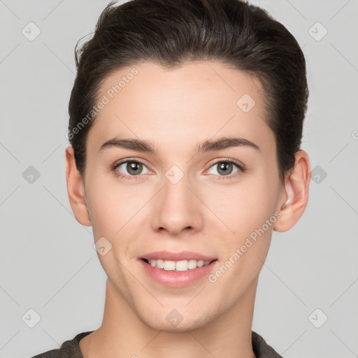 Joyful white young-adult female with short  brown hair and brown eyes