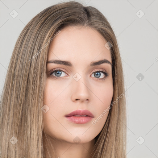 Neutral white young-adult female with long  brown hair and brown eyes