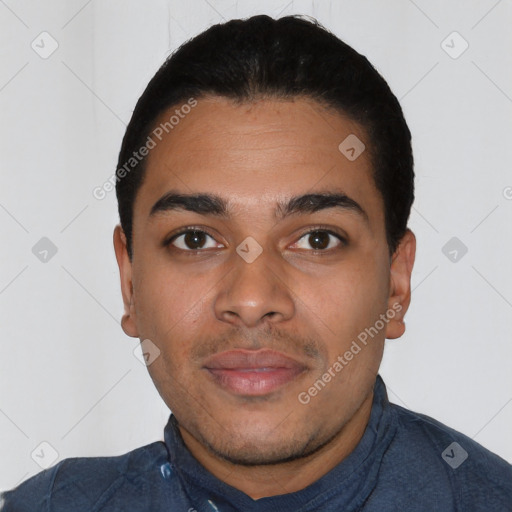 Neutral latino young-adult male with short  black hair and brown eyes