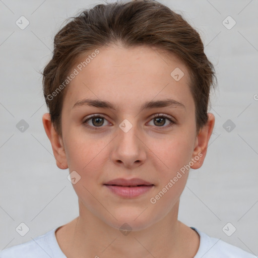 Neutral white young-adult female with short  brown hair and brown eyes