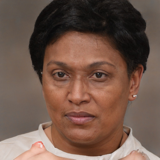 Joyful asian adult female with short  brown hair and brown eyes