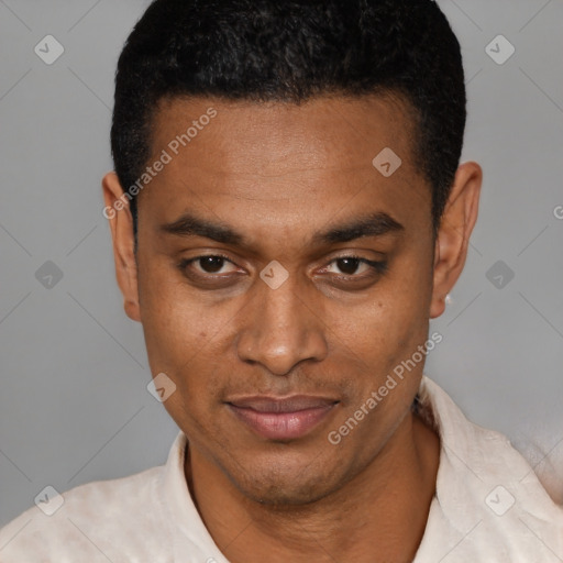 Joyful latino young-adult male with short  black hair and brown eyes