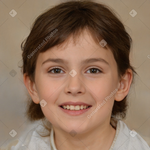 Joyful white child female with medium  brown hair and brown eyes