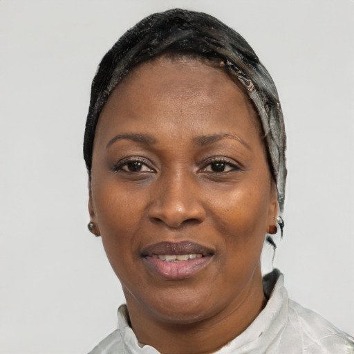 Joyful black adult female with short  black hair and brown eyes