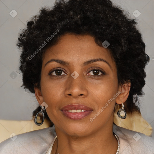 Joyful black young-adult female with medium  brown hair and brown eyes