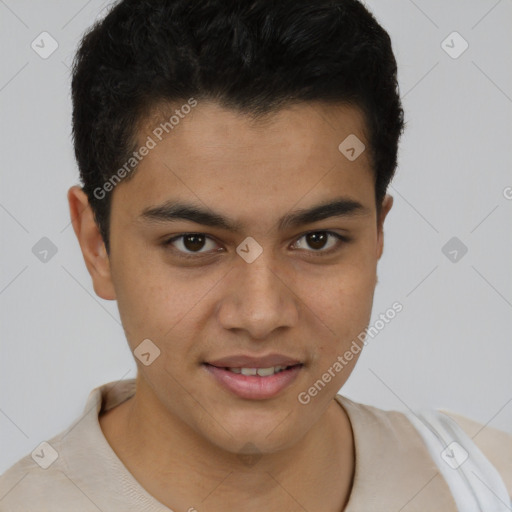 Joyful latino young-adult male with short  brown hair and brown eyes