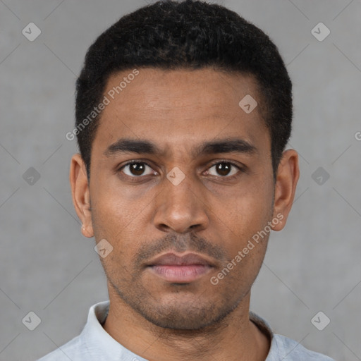 Neutral latino young-adult male with short  black hair and brown eyes