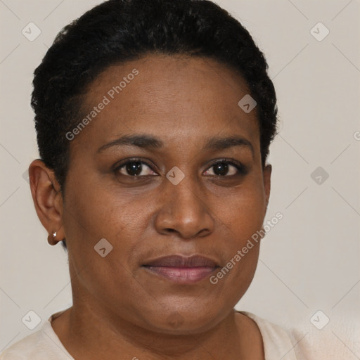 Joyful black young-adult female with short  brown hair and brown eyes