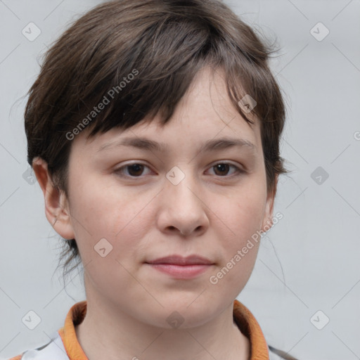 Neutral white young-adult female with medium  brown hair and brown eyes