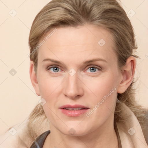 Joyful white young-adult female with medium  brown hair and blue eyes