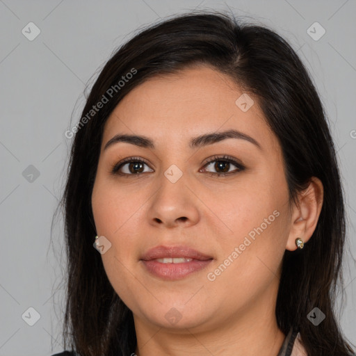 Joyful white young-adult female with long  brown hair and brown eyes