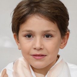 Joyful white child female with short  brown hair and brown eyes