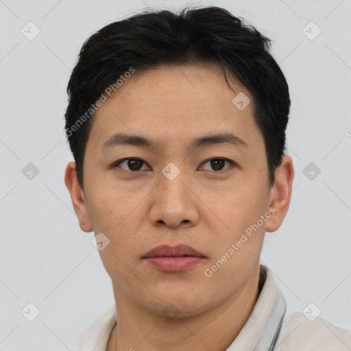 Neutral asian young-adult male with short  brown hair and brown eyes