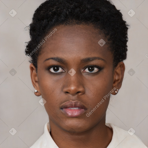 Neutral black young-adult female with short  brown hair and brown eyes