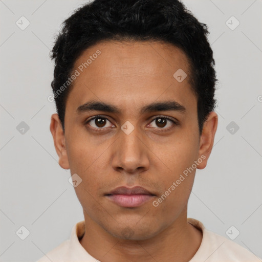 Neutral latino young-adult male with short  black hair and brown eyes