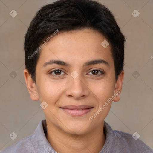 Joyful white young-adult female with short  brown hair and brown eyes