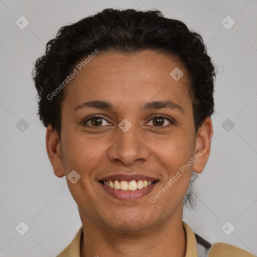 Joyful latino young-adult female with short  brown hair and brown eyes