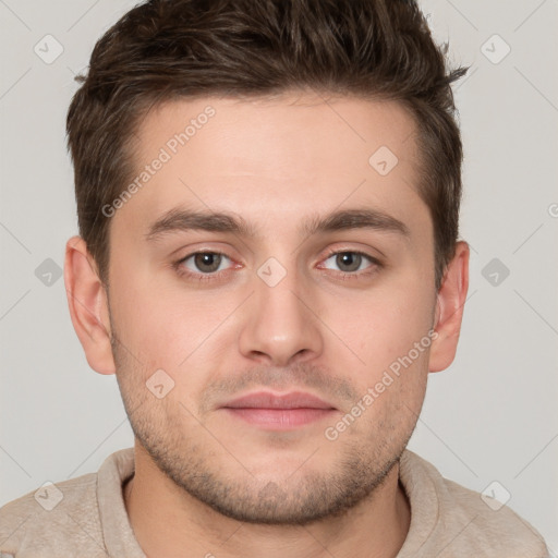 Neutral white young-adult male with short  brown hair and brown eyes