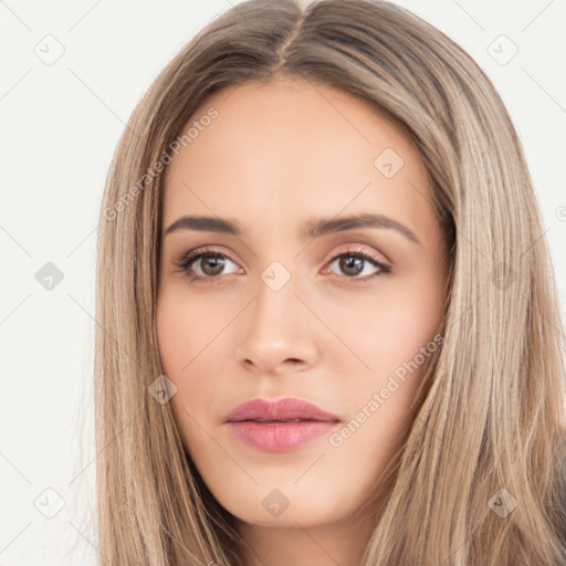 Neutral white young-adult female with long  brown hair and brown eyes