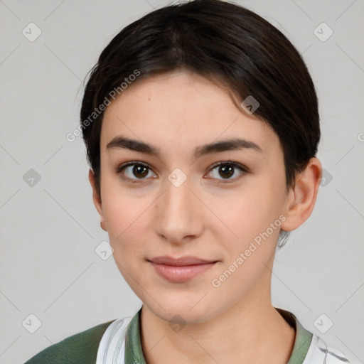 Neutral white young-adult female with medium  brown hair and brown eyes