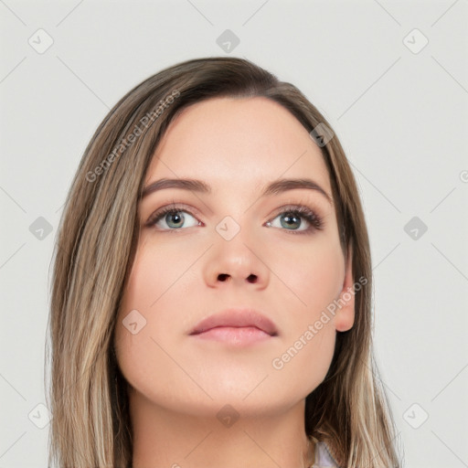 Neutral white young-adult female with long  brown hair and grey eyes