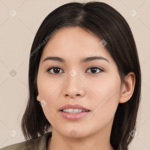 Joyful white young-adult female with medium  brown hair and brown eyes