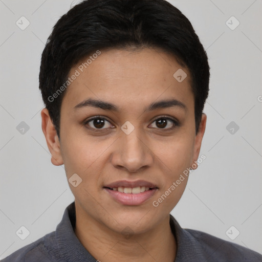 Joyful latino young-adult female with short  black hair and brown eyes