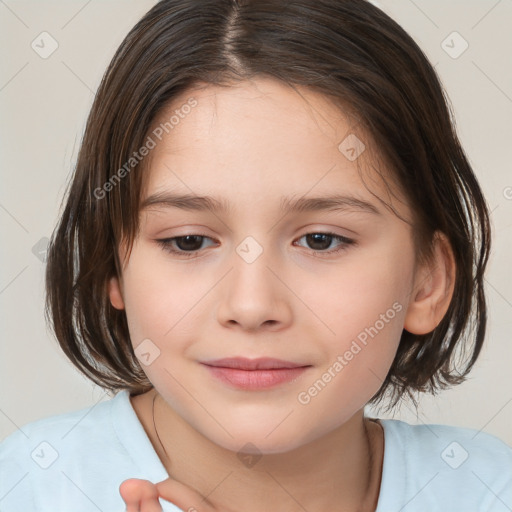 Joyful white child female with medium  brown hair and brown eyes