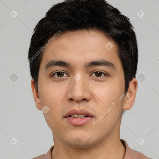 Neutral white young-adult male with short  black hair and brown eyes