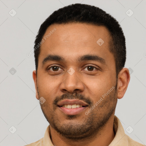Neutral latino young-adult male with short  black hair and brown eyes