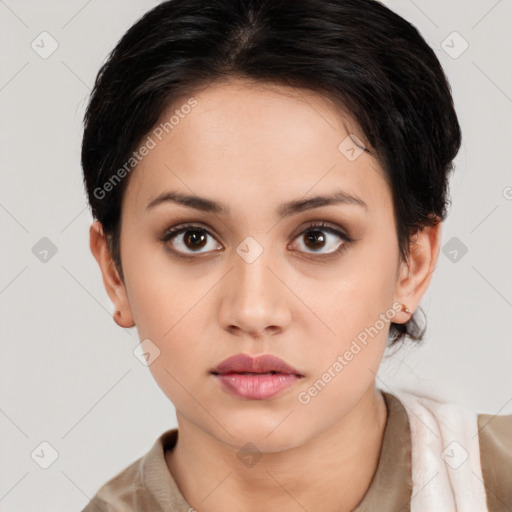 Neutral white young-adult female with medium  brown hair and brown eyes