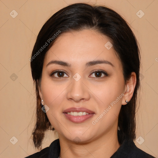 Joyful white young-adult female with medium  black hair and brown eyes