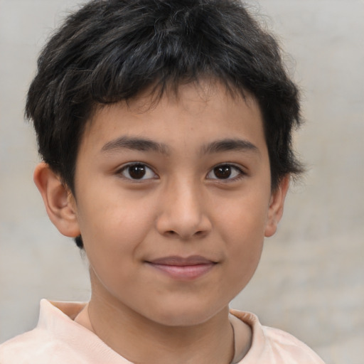 Joyful asian child male with short  brown hair and brown eyes