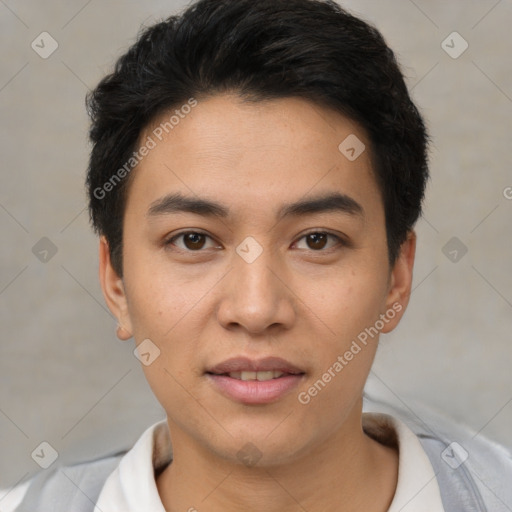 Joyful white young-adult male with short  black hair and brown eyes