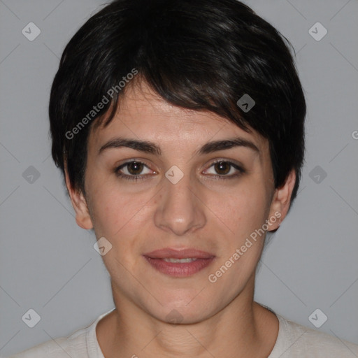 Joyful white young-adult female with short  brown hair and brown eyes