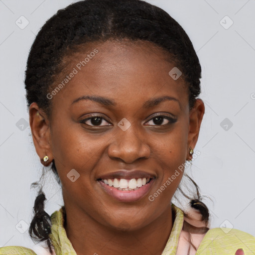 Joyful black young-adult female with medium  brown hair and brown eyes