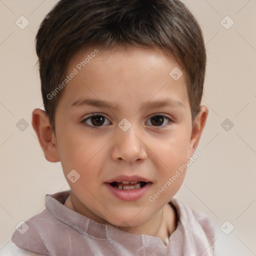 Joyful white child male with short  brown hair and brown eyes