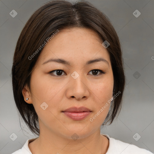 Neutral asian young-adult female with medium  brown hair and brown eyes