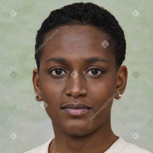 Neutral black young-adult female with short  black hair and brown eyes